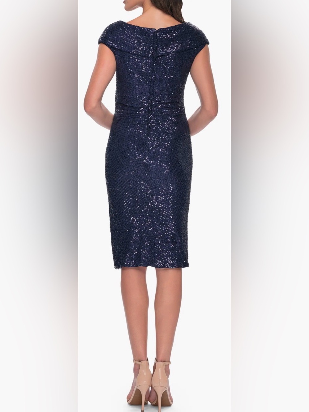 Ralph Lauren Sequin Dress w/ ruched tulle overlay. Cape sleeves. Navy blue. 6-8 - Picture 4 of 16